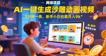 AI一件生成沙雕动画视频，5分钟一条，新手小白也能月入9k+网络赚钱,项目资源网,副业资源网,兼职项目,网赚课程-副业赚钱-互联网创业-独家轻创IP小蜜蜂网创