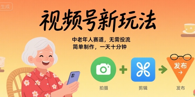 视频号新玩法，中老年人赛道，无需投流，简单制作，一天十分钟，月入1W网络赚钱,项目资源网,副业资源网,兼职项目,网赚课程-副业赚钱-互联网创业-独家轻创IP小蜜蜂网创