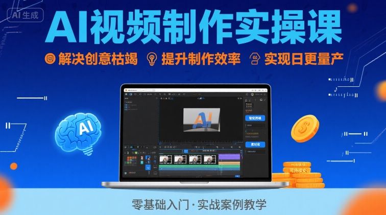 Ai视频制作实操课，解决创意枯竭、效率低下痛点，实现日更量产可持续变现网络赚钱,项目资源网,副业资源网,兼职项目,网赚课程-副业赚钱-互联网创业-独家轻创IP小蜜蜂网创