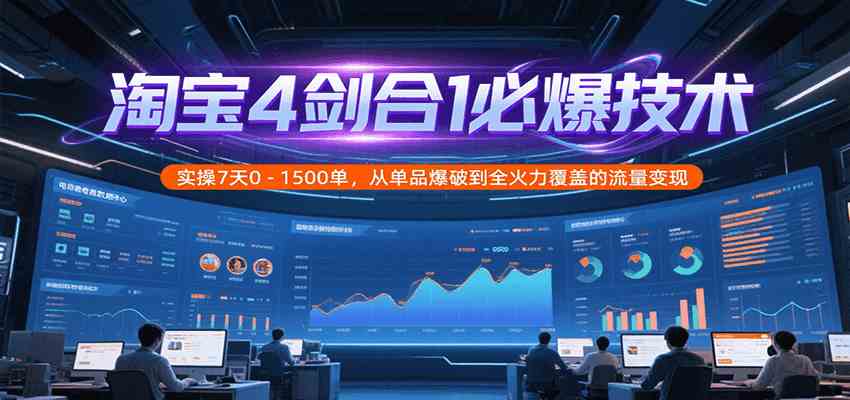 淘宝4剑合1必爆技术，实操7天0-1500单，从单品爆破到全火力覆盖的流量变现网络赚钱,项目资源网,副业资源网,兼职项目,网赚课程-副业赚钱-互联网创业-独家轻创IP小蜜蜂网创
