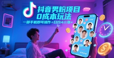 抖音男粉项目0成本玩法，一部手机即可操作，日均4张+，时间自由网络赚钱,项目资源网,副业资源网,兼职项目,网赚课程-副业赚钱-互联网创业-独家轻创IP小蜜蜂网创
