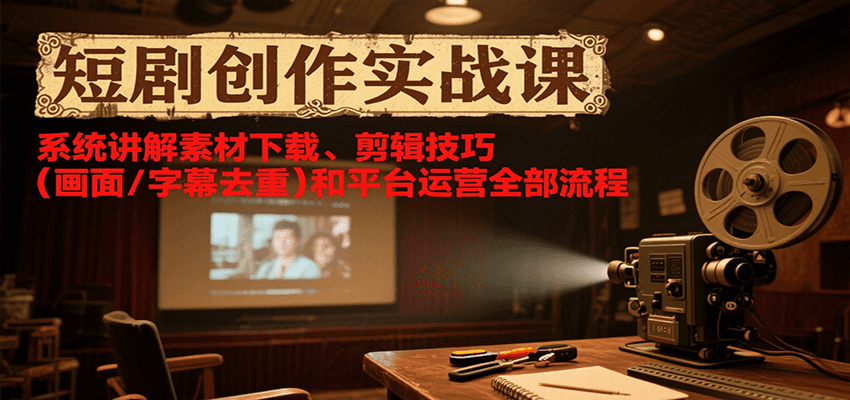 短剧创作实战课，系统讲解素材下载、剪辑技巧（画面/字幕去重）和平台运营全部流程网络赚钱,项目资源网,副业资源网,兼职项目,网赚课程-副业赚钱-互联网创业-独家轻创IP小蜜蜂网创