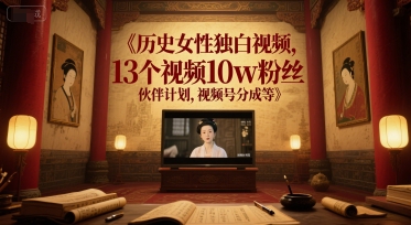 历史女性独白视频，13个视频10w粉丝，伙伴计划，视频号分成等网络赚钱,项目资源网,副业资源网,兼职项目,网赚课程-副业赚钱-互联网创业-独家轻创IP小蜜蜂网创