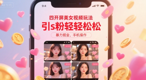四开屏美女视频玩法，引s粉轻轻松松，暴力掘金，手机操作【揭秘】网络赚钱,项目资源网,副业资源网,兼职项目,网赚课程-副业赚钱-互联网创业-独家轻创IP小蜜蜂网创