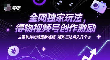 全网独家玩法，得物视频号创作激励 去重软件加持爆款视频，矩阵玩法月入几个w【揭秘】网络赚钱,项目资源网,副业资源网,兼职项目,网赚课程-副业赚钱-互联网创业-独家轻创IP小蜜蜂网创