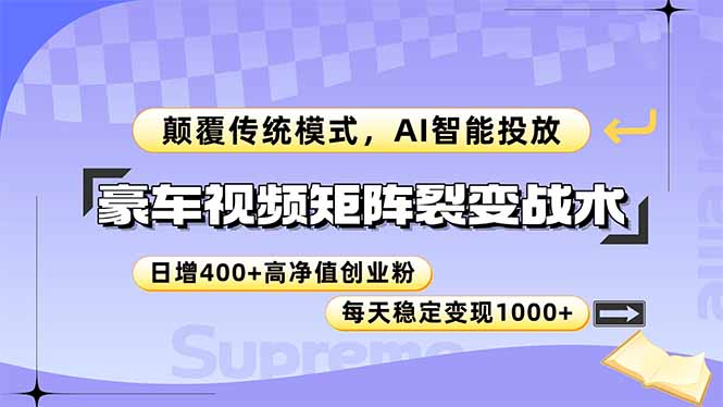 豪车视频矩阵裂变战术，颠覆传统模式，AI智能投放，日增400+高净值创业…网络赚钱,项目资源网,副业资源网,兼职项目,网赚课程-副业赚钱-互联网创业-独家轻创IP小蜜蜂网创