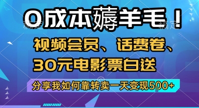 0成本薅羊毛!视频会员、话费卷、30元电影票白送，分享我如何靠转卖一天变现5张+【揭秘】网络赚钱,项目资源网,副业资源网,兼职项目,网赚课程-副业赚钱-互联网创业-独家轻创IP小蜜蜂网创