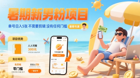 暑期新男粉项目 单号日入5张 不需要剪辑 没有任何门槛网络赚钱,项目资源网,副业资源网,兼职项目,网赚课程-副业赚钱-互联网创业-独家轻创IP小蜜蜂网创
