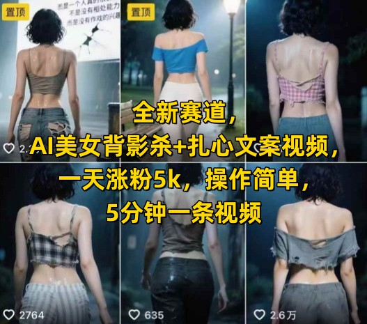 全新赛道，AI美女背影杀+扎心文案视频，一天涨粉5k，操作简单，5分钟一条视频网络赚钱,项目资源网,副业资源网,兼职项目,网赚课程-副业赚钱-互联网创业-独家轻创IP小蜜蜂网创