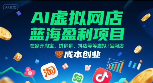 AI虚拟网店蓝海盈利项目，在家开淘宝、拼多多、抖店等虚拟品网店，零成本创业网络赚钱,项目资源网,副业资源网,兼职项目,网赚课程-副业赚钱-互联网创业-独家轻创IP小蜜蜂网创