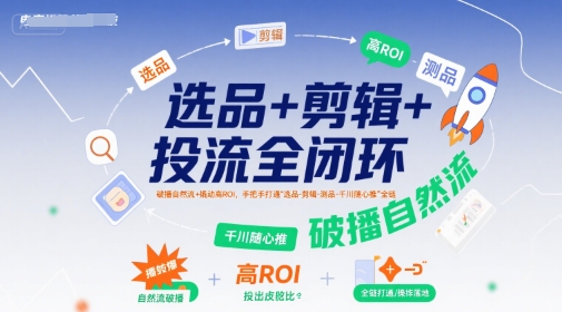 选品+剪辑+投流全闭环，破播自然流+撬动高ROI，手把手打通“选品-剪辑-测品-千川随心推”全链网络赚钱,项目资源网,副业资源网,兼职项目,网赚课程-副业赚钱-互联网创业-独家轻创IP小蜜蜂网创