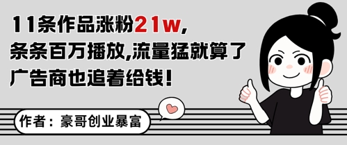 11条作品涨粉21W，条条百W播放，流量猛就算了，广告商也追着给钱网络赚钱,项目资源网,副业资源网,兼职项目,网赚课程-副业赚钱-互联网创业-独家轻创IP小蜜蜂网创