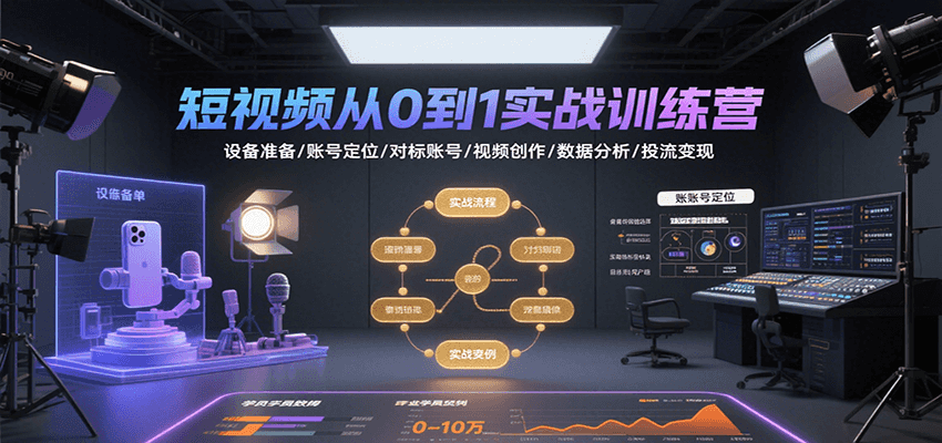 短视频从0到1实战训练营：设备准备/账号定位/对标账号/视频创作/数据分析/投流变现网络赚钱,项目资源网,副业资源网,兼职项目,网赚课程-副业赚钱-互联网创业-独家轻创IP小蜜蜂网创