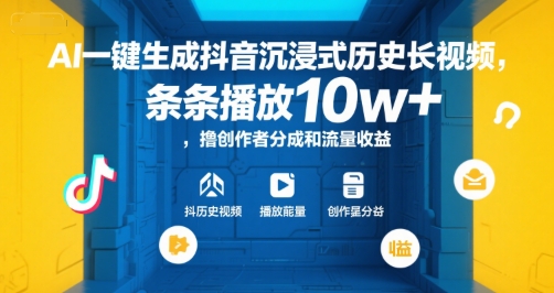 AI一键生成抖音沉浸式历史长视频，条条播放10w+，撸创作者分成和流量收益【揭秘】网络赚钱,项目资源网,副业资源网,兼职项目,网赚课程-副业赚钱-互联网创业-独家轻创IP小蜜蜂网创
