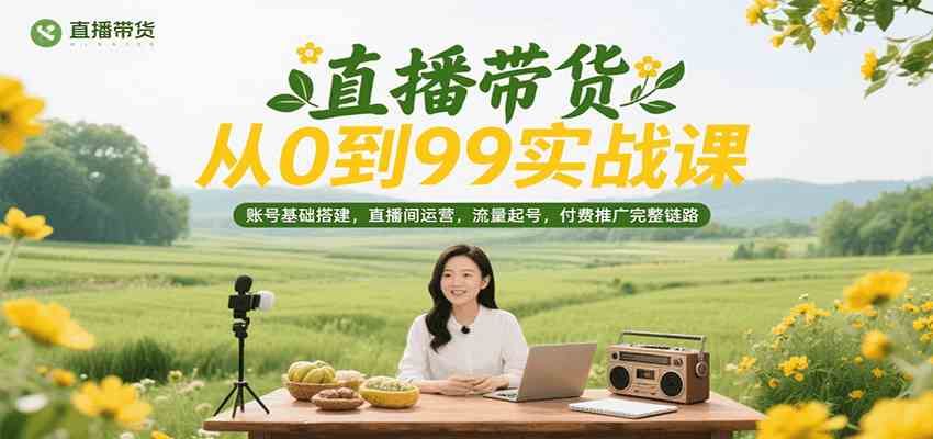 直播带货从0到99实战课，账号基础搭建，直播间运营，流量起号，付费推广完整链路网络赚钱,项目资源网,副业资源网,兼职项目,网赚课程-副业赚钱-互联网创业-独家轻创IP小蜜蜂网创