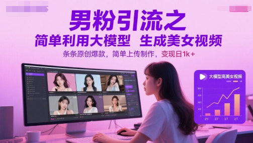 男粉引流之简单利用大模型生成美女视频，条条原创爆款，简单上传制作，变现日1k+网络赚钱,项目资源网,副业资源网,兼职项目,网赚课程-副业赚钱-互联网创业-独家轻创IP小蜜蜂网创