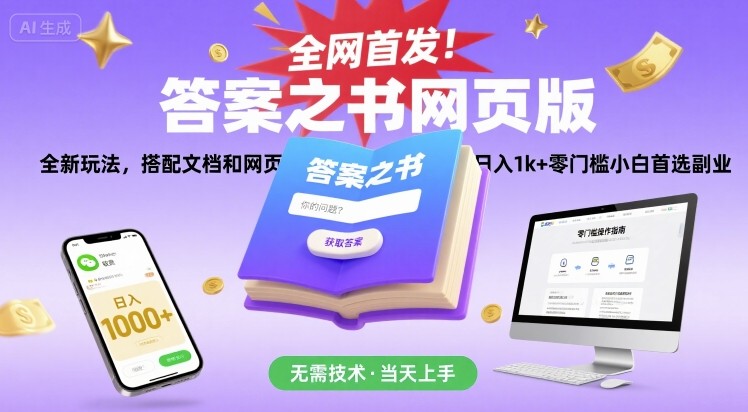 全网首发！答案之书网页版，全新玩法，搭配文档和网页，日入1k+零门槛小白首选副业【揭秘】网络赚钱,项目资源网,副业资源网,兼职项目,网赚课程-副业赚钱-互联网创业-独家轻创IP小蜜蜂网创