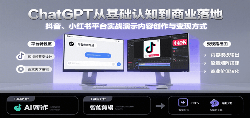 ChatGPT从基础认知到商业落地，实战演示抖音、小红书等平台的内容创作与变现网络赚钱,项目资源网,副业资源网,兼职项目,网赚课程-副业赚钱-互联网创业-独家轻创IP小蜜蜂网创