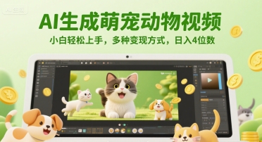 AI生成萌宠动物视频，小白轻松上手，多种变现方式，日入4位数网络赚钱,项目资源网,副业资源网,兼职项目,网赚课程-副业赚钱-互联网创业-独家轻创IP小蜜蜂网创