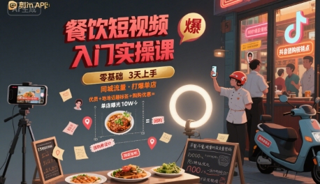 餐饮短视频入门实操课，引爆同城流量，打爆单店网络赚钱,项目资源网,副业资源网,兼职项目,网赚课程-副业赚钱-互联网创业-独家轻创IP小蜜蜂网创
