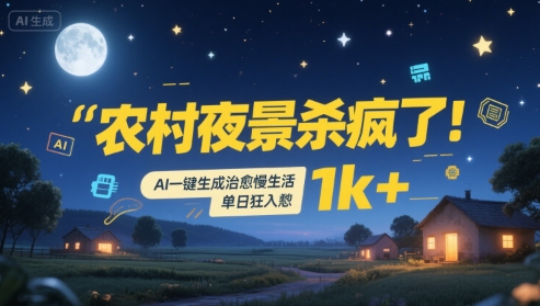农村夜景杀疯了！AI一键生成治愈系慢生活，单日狂入1k+网络赚钱,项目资源网,副业资源网,兼职项目,网赚课程-副业赚钱-互联网创业-独家轻创IP小蜜蜂网创