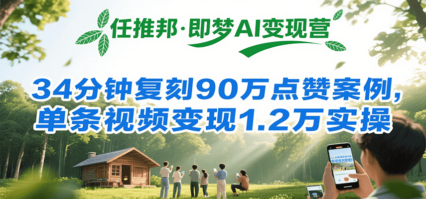 任推邦·即梦AI变现营，34分钟复刻90万点赞案例，单条视频变现1.2万实操网络赚钱,项目资源网,副业资源网,兼职项目,网赚课程-副业赚钱-互联网创业-独家轻创IP小蜜蜂网创