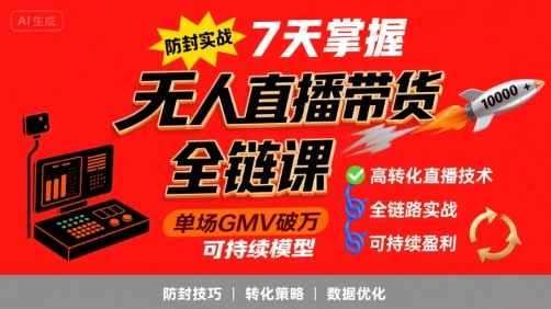 无人直播带货全链防封实战课，7天掌握高转化直播技术，实现单场GMV破万可持续模型网络赚钱,项目资源网,副业资源网,兼职项目,网赚课程-副业赚钱-互联网创业-独家轻创IP小蜜蜂网创
