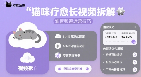 猫咪疗愈长视频拆解 &油管频道运营技巧网络赚钱,项目资源网,副业资源网,兼职项目,网赚课程-副业赚钱-互联网创业-独家轻创IP小蜜蜂网创