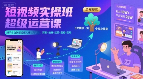 短视频实操班超级运营课，新手小白到短视频大神必修课程，剪辑-拍摄-运营-直播-变现网络赚钱,项目资源网,副业资源网,兼职项目,网赚课程-副业赚钱-互联网创业-独家轻创IP小蜜蜂网创