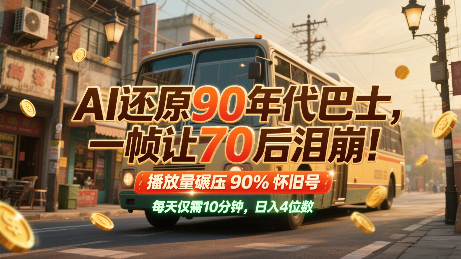 AI还原90年代巴士，一帧让70后泪崩！播放量碾压90%怀旧号，每天10分钟，日入4位数网络赚钱,项目资源网,副业资源网,兼职项目,网赚课程-副业赚钱-互联网创业-独家轻创IP小蜜蜂网创